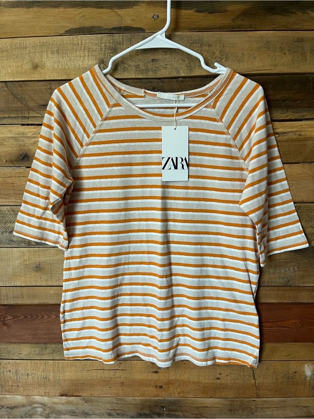 Zara Cream and Orange Striped Short Sleeve Tee